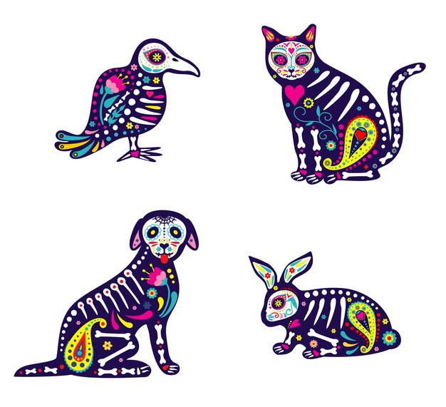 Cráneos de animales mexicanos festivo perro pájaro gato y conejo Día de los Muertos Día mexicano de los animales muertos