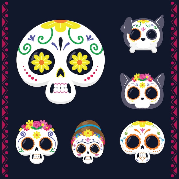 Vector cráneos de cabezas mexicanas establecer iconos de estilo plano