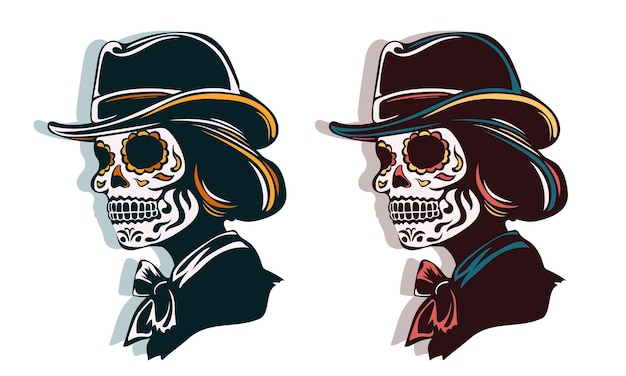 Los cráneos de La Calavera Catrina en perfil con intrincados diseños florales en un sombrero para el Dia de los Muertos