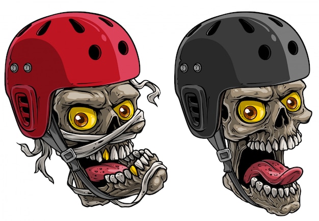 Vector cráneos de dibujos animados en casco protector de skate