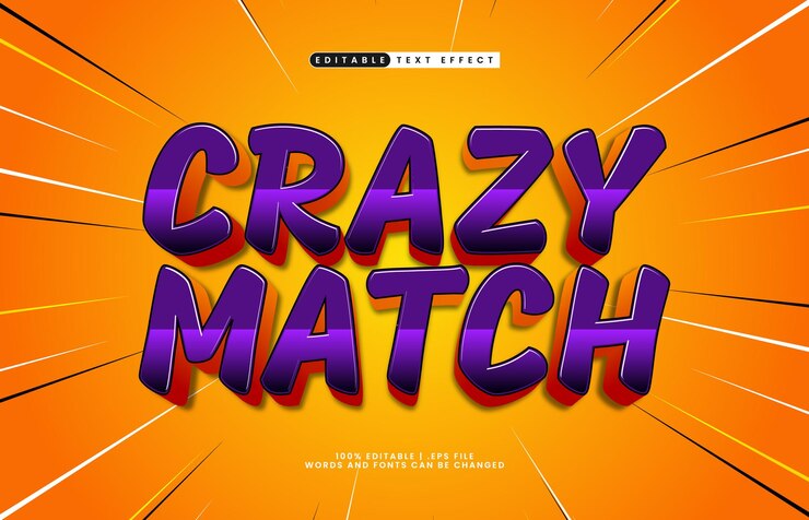 Vector crazy match efecto de texto editable con un juego y efecto de texto de dibujos animados