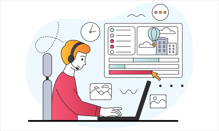Vector creación de animaciones concepto diseñador de movimiento masculino trabajando en computadora creador gráfico independiente en