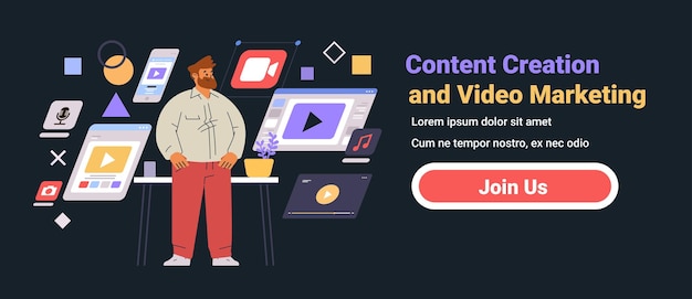 Creación de contenido y concepto de marketing de video hombre de pie entre iconos de medios digitales y pantallas oscuras