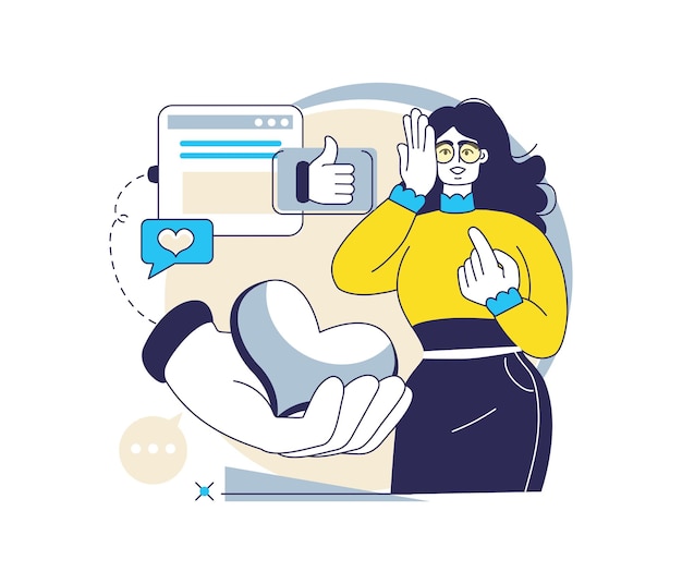 Creación de contenido Medios sociales Blogger Comunicación en línea Me gusta y comentarios Influencer favorito de Internet Tecnología digital Mensajero charlando Suscriptores corazones Concepto vectorial
