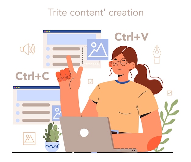 Creación de contenido trillado. Guía del administrador de contenido. Error en la creación de contenido. Estrategia de promoción digital y producción de contenidos. ilustración vectorial plana