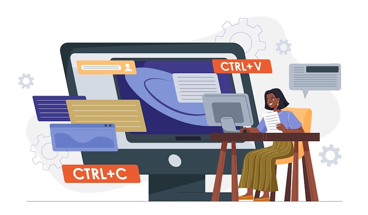 Vector creación de contenido trite mujer copiar y pegar escenario especialista en seo optimiza el redactor del sitio web