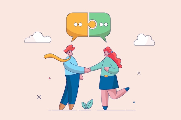 Creación de ideas concepto de colaboración Dos personas de negocios estrechando la mano y hablando entre sí