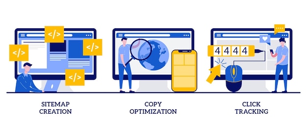 Creación de mapas del sitio, optimización de copias, concepto de seguimiento de clics con personas pequeñas