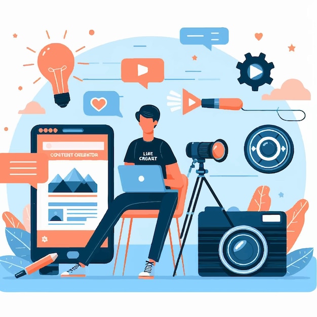 Creador de contenido creando contenido vector ilustración plana concepto moderno de vlogger