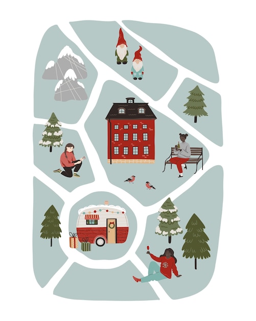 Creador de mapa de invierno dibujado a mano con casas pinos remolque de vacaciones gnomo celebrando personas y elementos al aire libre Ilustración plana de Navidad para impresión de tarjeta de felicitación de póster