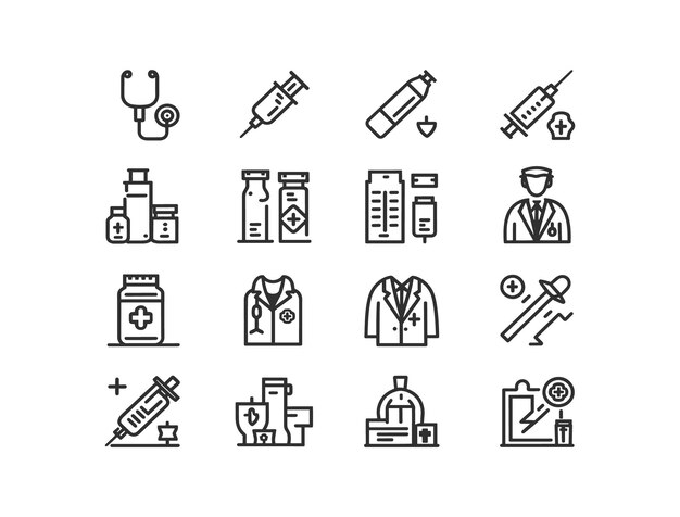 Crear un conjunto de iconas de arte de línea vectorial médica estilo siluetas con fondo blanco