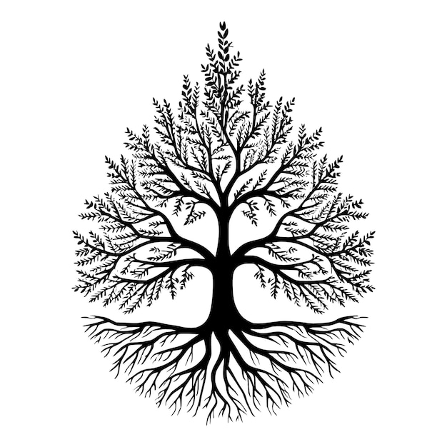 Crear una ilustración detallada de una silueta de árbol negro con raíces y ramas intrincadas