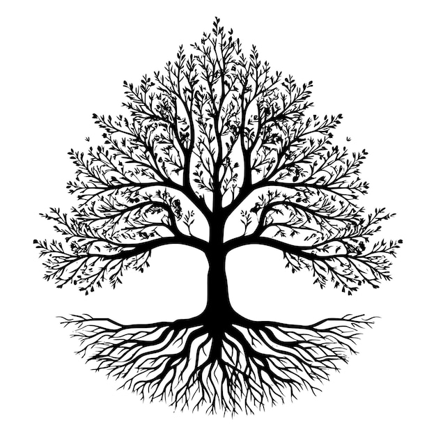 Crear una ilustración detallada de una silueta de árbol negro con raíces y ramas intrincadas