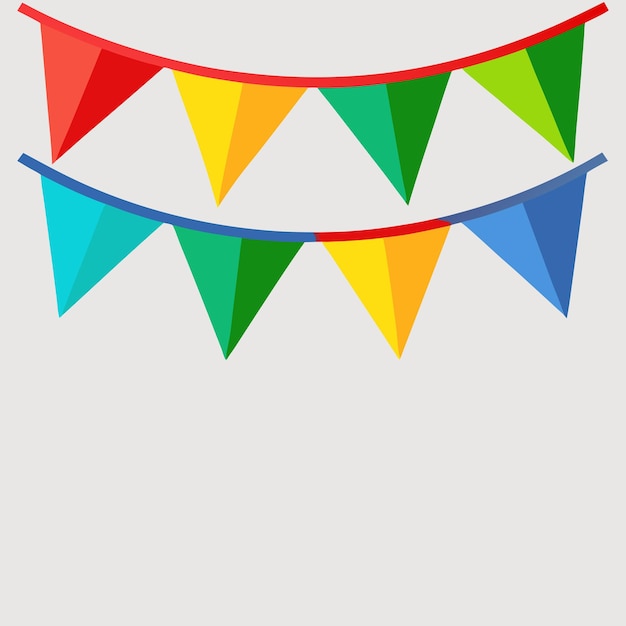 Crear una ilustración vectorial festiva de coloridas banderas triangulares colgando de cuerdas