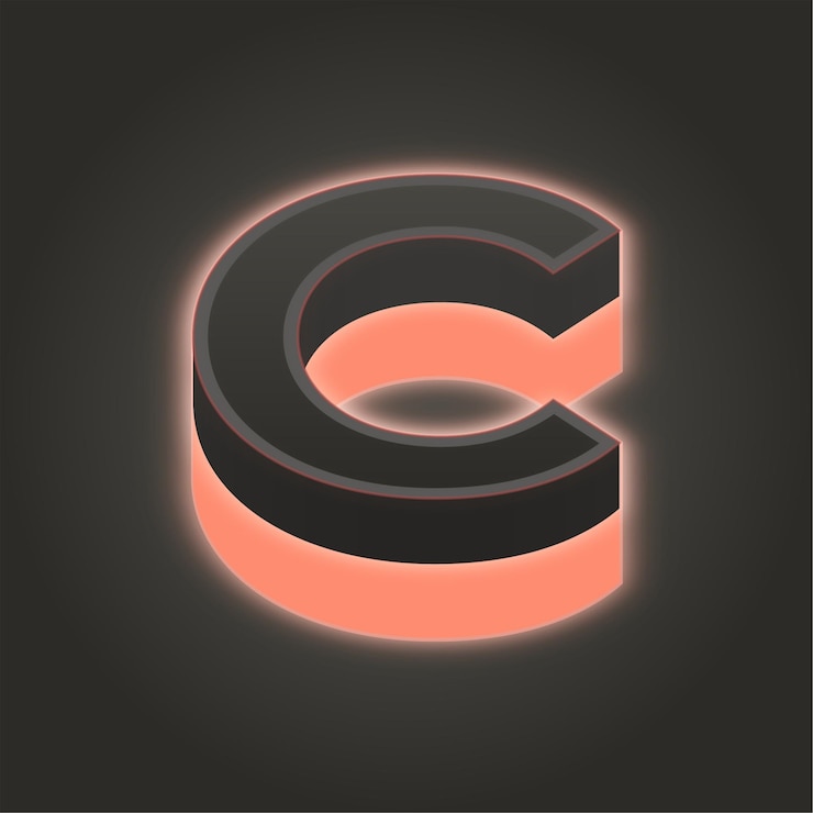 Vector crear impacto con un icono de letra c de neón rosa de coral 3d en fondos oscuros