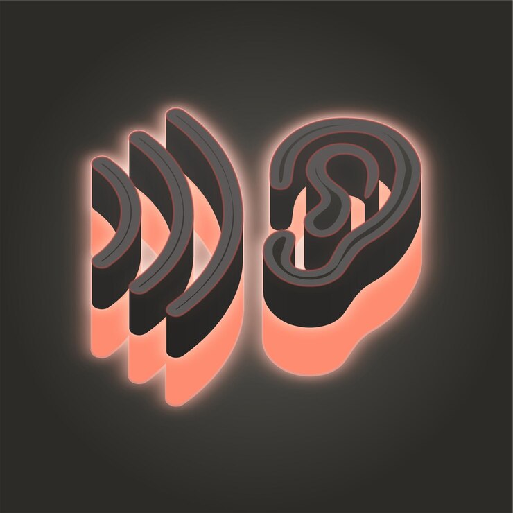 Vector crear impacto con un icono de oreja de neón rosa de coral 3d en fondos oscuros