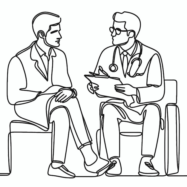 crear la siguiente imagen dibujo de línea continua de la charla del médico y la consulta del paciente ilustración vectorial