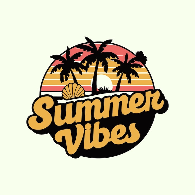 Crear siluetas de palma de playa estilo de logotipo retro en fondo blanco tipografía Vibes de verano