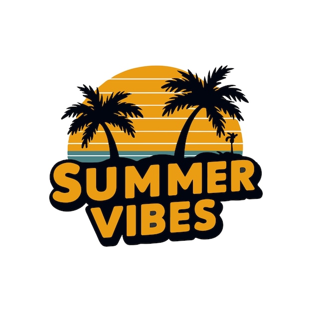 Crear siluetas de palma de playa estilo de logotipo retro en fondo blanco tipografía Vibes de verano