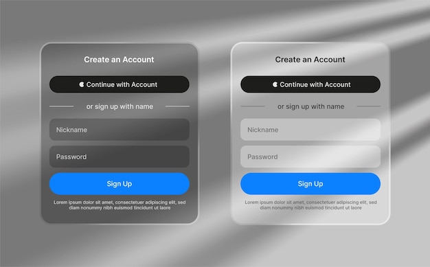 Create account UI Sign up and log in liquid glass element user interface element for ui ux design