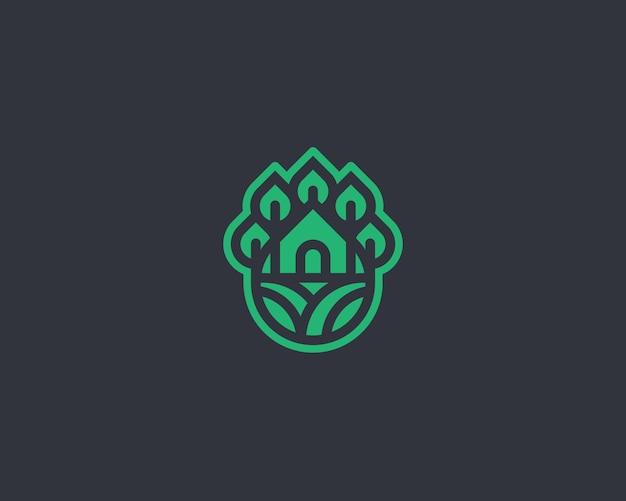 Creativa línea verde moderna gota de agua con casa y árbol logotipo