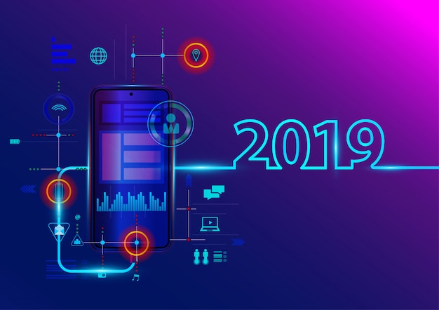 Creative 2019 año nuevo con teléfono móvil.