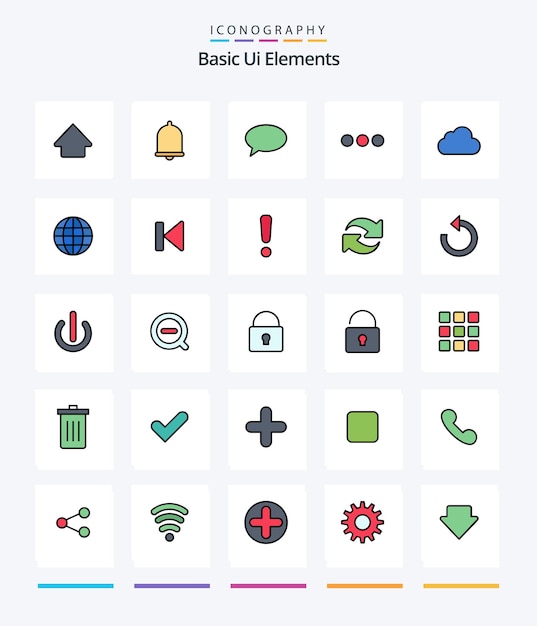 Creative Basic Ui Elements Paquete de íconos llenos de 25 líneas, como almacenamiento en la nube, chat, chat de signos