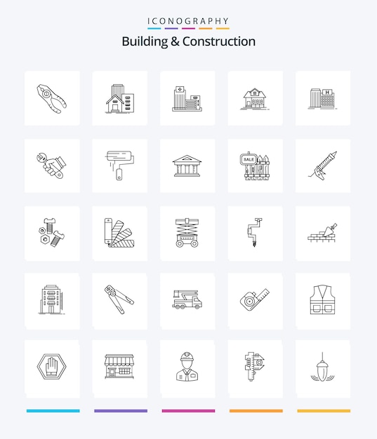 Creative Building And Construction 25 Paquete de iconos de contorno, como la construcción de un apartamento de atención médica, un edificio del hospital