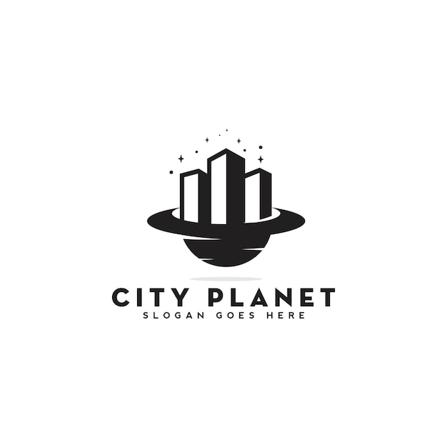 Creative city planet logo design silueta rascacielos y planet space business real estate