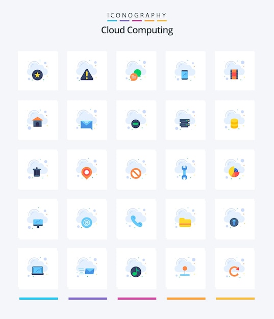 Creative cloud computing 25 paquete de iconos planos, como la informática móvil de chat de teléfono de película