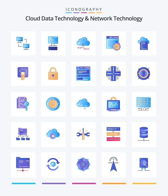 Creative Cloud Data Technology y Network Technology 25 Paquete de iconos planos como el archivo de brújula de nube informática