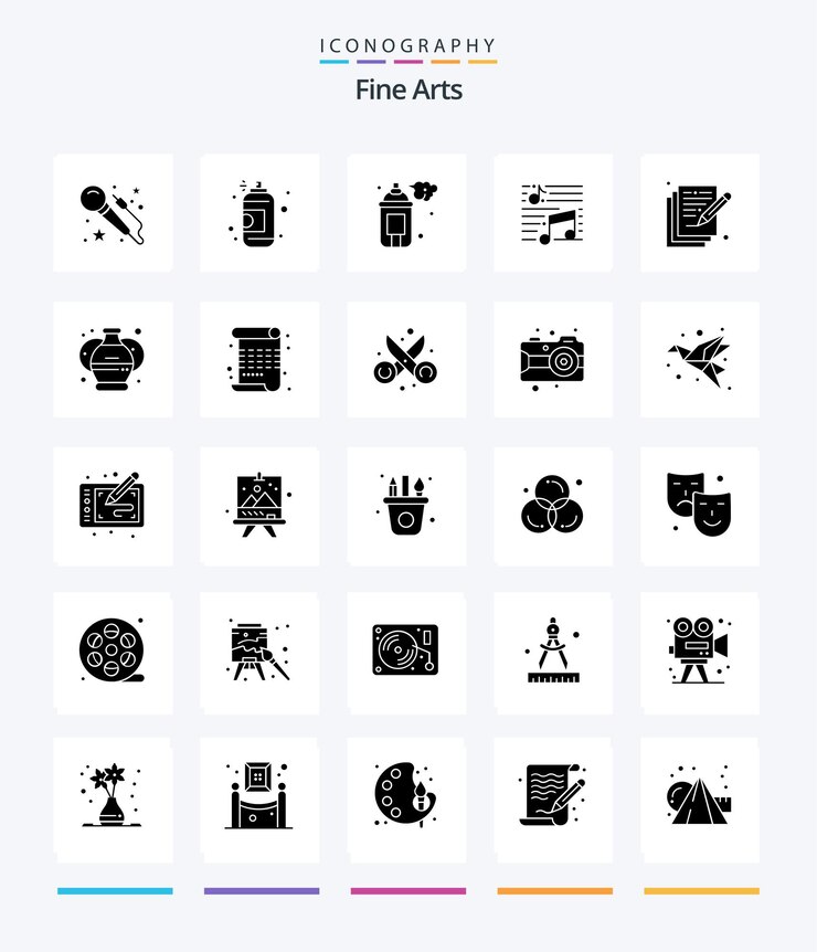 Creative Fine Arts 25 Glyph Solid Black icon pack Tales como arte escribir poesía de artes musicales