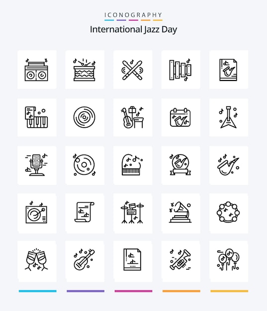 Creative International Jazz Day 25 Paquete de iconos de contorno, como tocar instrumentos, palos, archivos de música