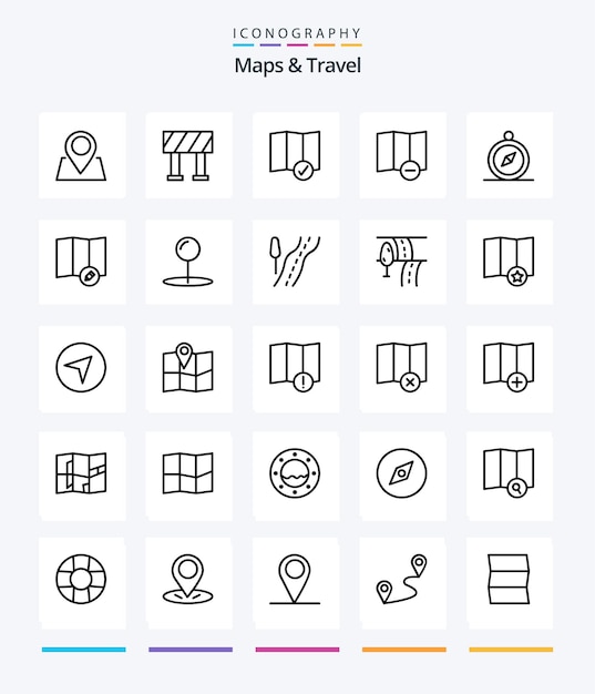 Creative Maps Travel 25 paquete de iconos de contorno, como el puntero de coordenadas, eliminar la navegación del mapa