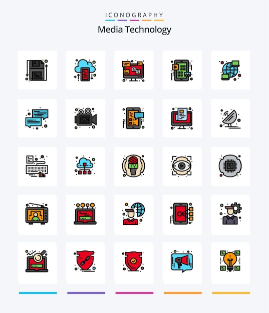 Creative Media Technology Paquete de iconos llenos de 25 líneas, como la cuadrícula de interfaz de usuario de chat de reproducción de computadora