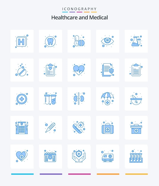 Creative Medical 25 paquete de iconos azules, como píldoras de matraz de laboratorio, vista química