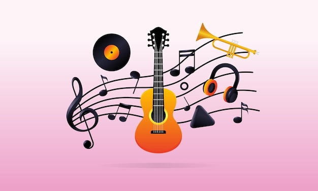 Creative Musical Treble Clef Collage con el juego del piano de guitarra y los elementos del collage de clave