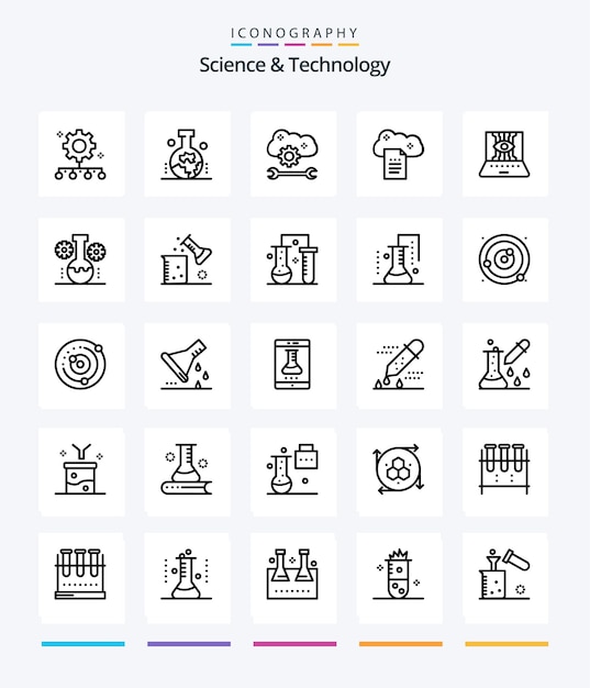 Creative Science And Technology 25 paquete de iconos de contorno, como documentos en línea, estudio de almacenamiento digital de la nube de la superficie terrestre, informes de configuración de la nube