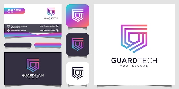 Creative shield concept logo con estilo de línea de arte. diseño de logotipo y tarjeta de visita