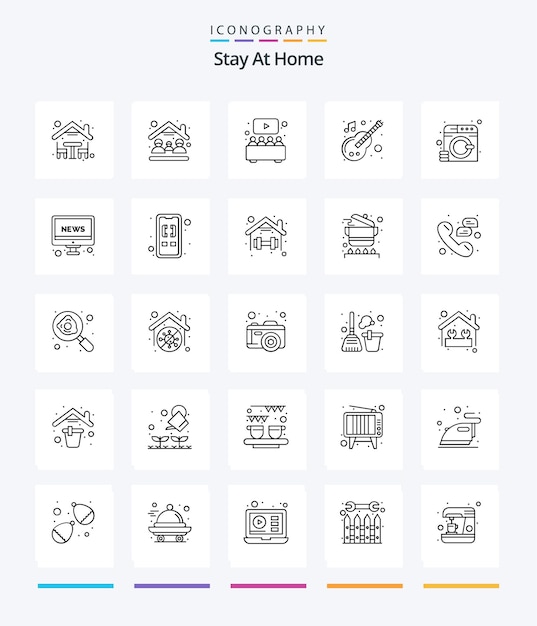 Creative Stay At Home 25 Paquete de iconos de contorno, como ropa, música, entretenimiento, instrumento, reloj