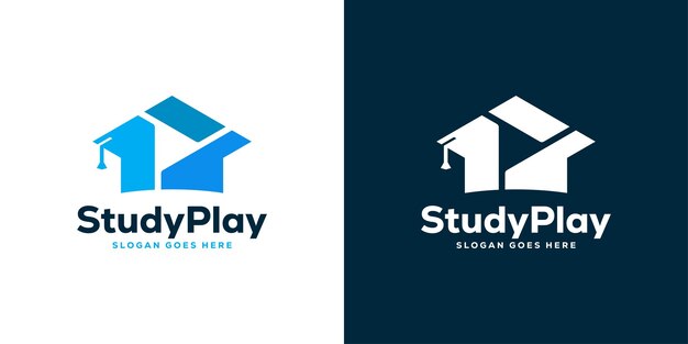 Creative Study Play Logo Sombrero de graduación y botón de reproducción con el logotipo de la Academia Multimedia de estilo moderno