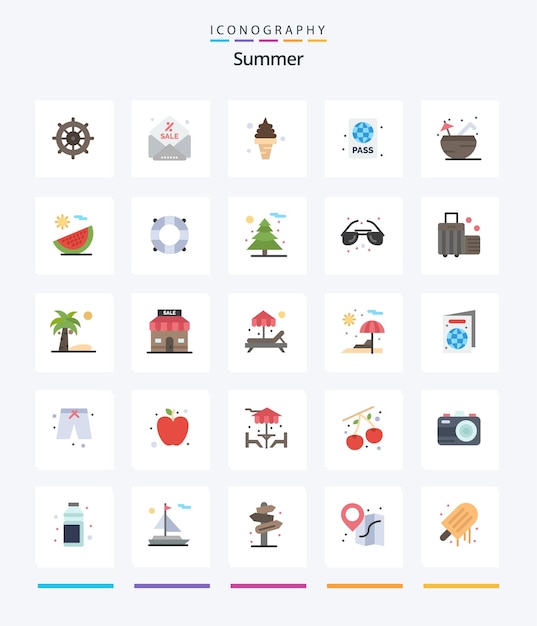 Creative Summer 25 Flat icon pack Tales como playa piscina crema buceo pase playa