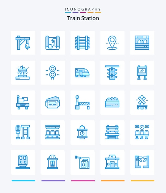 Creative Train Station 25 Paquete de iconos azules, como la ubicación del punto de los ferrocarriles de la puerta del tren