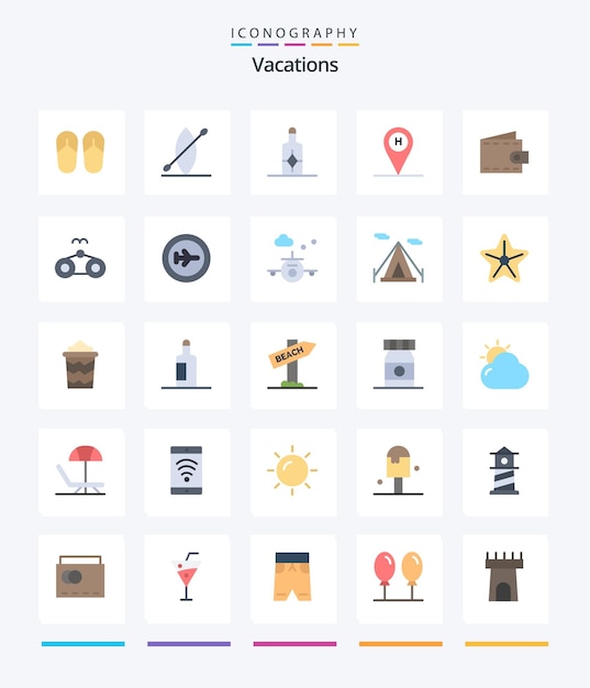 Creative Vacations 25 paquete de iconos planos, como bolso de playa bloqueador solar ubicación de dinero