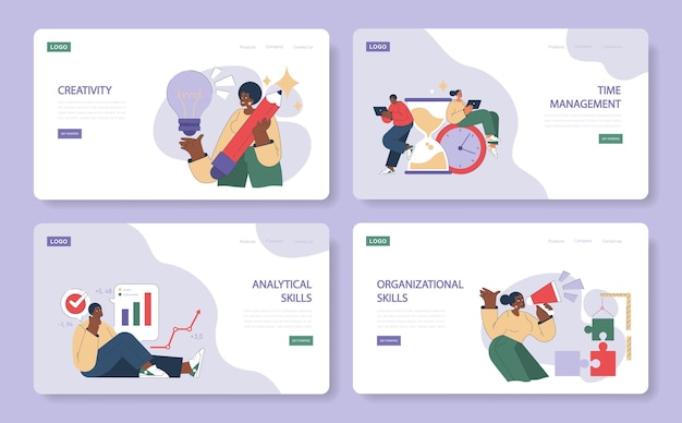 Creatividad y conjunto de habilidades banners web atractivos representan a personas que aprovechan la creatividad analítica