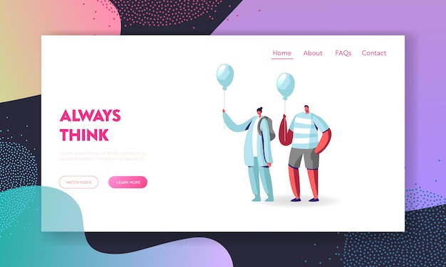 Creatividad, individualidad e inspiración, Be Unique Landing Page Template. Personajes masculinos y femeninos idénticos en ropa moderna sosteniendo globos azules. caricatura, gente, vector, ilustración