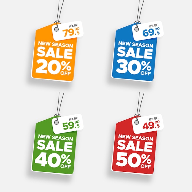 Creativo colorido colgante venta banner y conjunto de etiquetas de precio