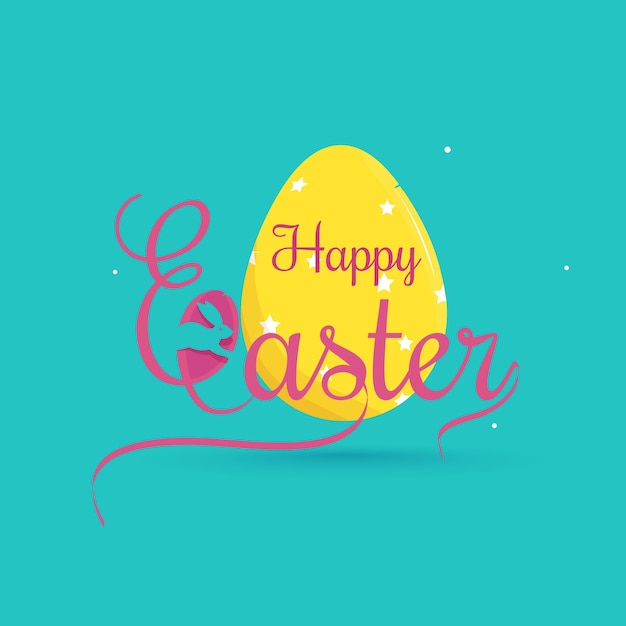 Creativo Feliz Caligrafía de Pascua Texto con conejo de dibujos animados y huevo en fondo turquesa