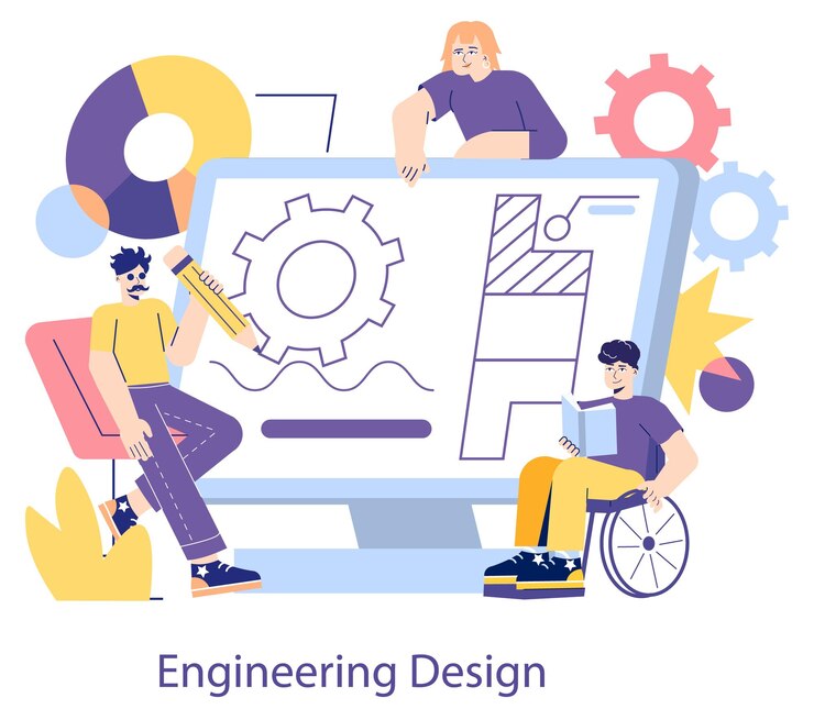 Vector los creativos de diseño de conceptos de ingeniería colaboran en un proyecto dibujando engranajes y estructuras