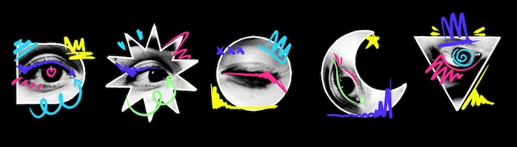 Vector creativos recortes de collage de ojos en forma de formas geométricas pintadas con lápiz multicolor